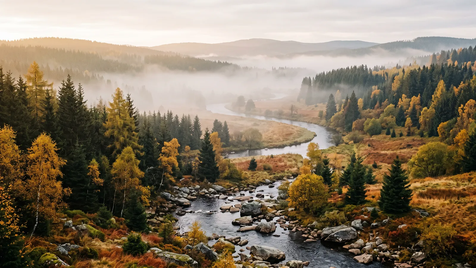 Ilustrační fotografie šumavské pláně v mlze na podzim