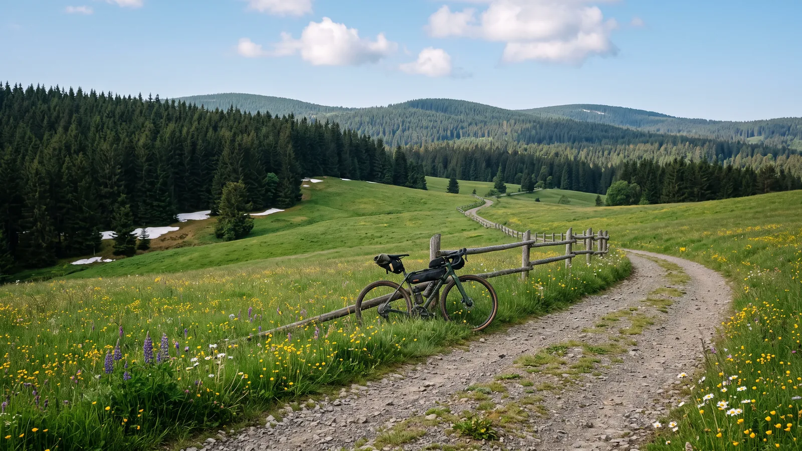 Ilustrační fotografie jarní šumavské louky s gravel kolem