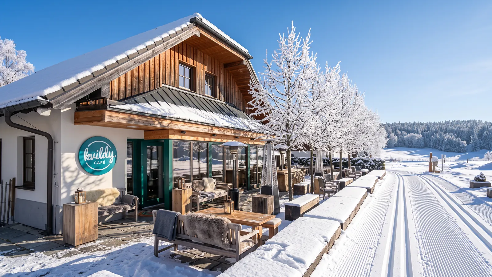 Vizualizace Kvildy Café v zimě, sníh a upravené běžecké stopy před terasou