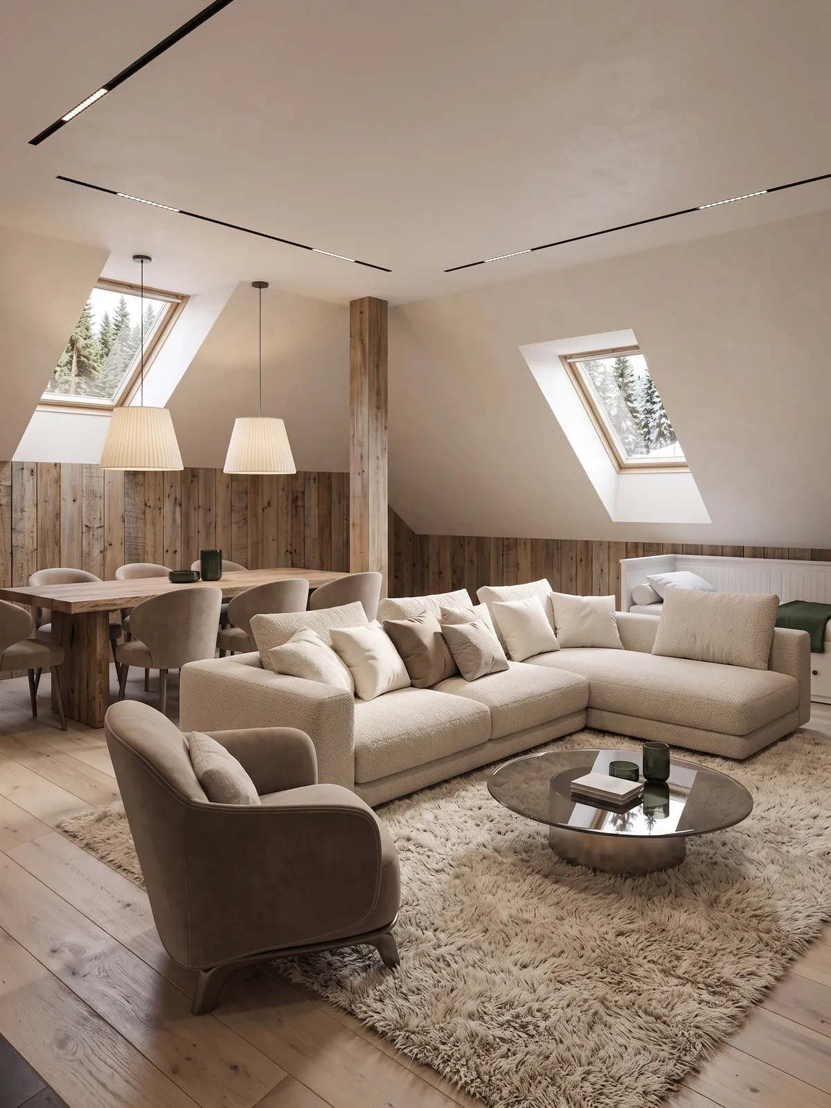 Vizualizace podkrovního obývacího pokoje velkého apartmánu